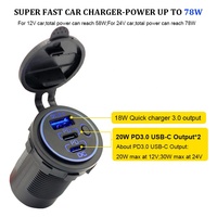 Double prise chargeur de voiture 18W QC 3.0 20W PD USB C avec interrupteur à bouton 3 ports USB C pour Marine RV Car Boat 12-24V DC