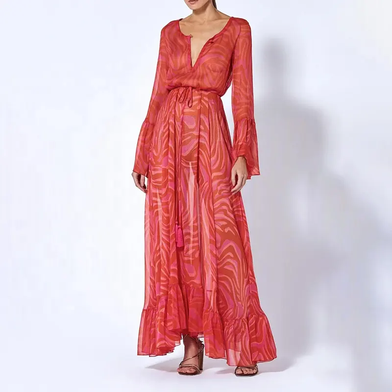 Abito da festa Casual in Chiffon rosso peplo Maxi a maniche lunghe Plus Size con stampa floreale