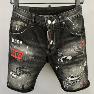 Avrupa amerikan Trendy marka erkek yaz ince çizme kesim beş nokta orta pantolon için yırtık mürekkep akçaağaç yaprağı baskı Hip Hop <span class=keywords><strong>Denim</strong></span>
