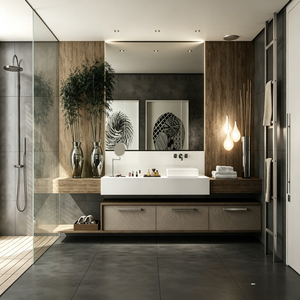 Mobile <span class=keywords><strong>Bagno</strong></span> Moderno con Top in Solid Surface, <span class=keywords><strong>Lavabo</strong></span> Sottopiano, Ferramenta Oro Spazzolato, Specchio Nero Industriale Bianco Shaker - Product Image 5