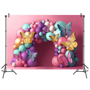 Latar Belakang Foto Dekorasi Pesta Ulang Tahun Bayi Putri Perempuan, Balon Kupu-kupu Pink Berlapis Cat Semprot Vinyl untuk Pemotretan Kue Smash - Product Image 1