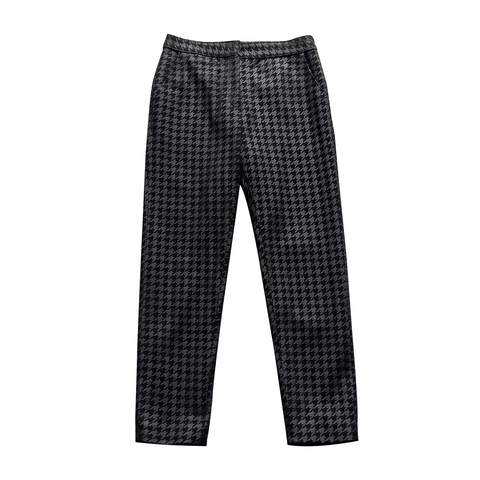 2603 Commute Houndstooth Printed Sheepskin Ladies ' Trousers Genuine Leather Slimming Pencil Pants