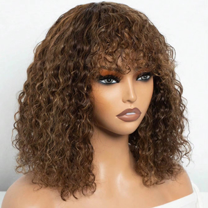 Parrucca corta senza colla jerry riccia con frangetta profonda parrucche da donna in evidenza colore marrone <span class=keywords><strong>acqua</strong></span> arricciatura bob parrucca capelli umani - Product Image 1