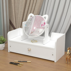 White Wooden Desk Mirror With Drawer Cat Ear Design Cosmetic <b>Storage</b> Organizer For Makeup And Jewelry Desktop Vanity Mirror Set - Product Image 2