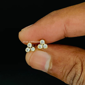 14K Solid Gold Three Stone Genuine Bezel Set Natural Diamond 14K Gold <b>Earring</b> Fine Jewelry. - Product Image 2