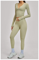 Set Atasan Yoga Kerah V Berkerut & Legging Wanita, Pakaian Olahraga Lengan Panjang Serbaguna untuk Fitness