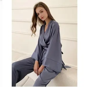 Conjunto de pijamas de manga longa para mulheres, conjunto de 2 peças com gola virada para baixo, roupa de dormir de cetim e seda personalizada, 2024, duas peças