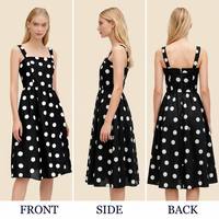 Vestido Midi Negro Transpirable de Verano para Mujer, Sin Mangas, Cintura Imperio, Lunares Blancos Digitales