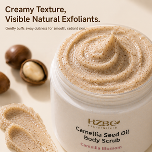 Gommage corporel à l'huile <span class=keywords><strong>de</strong></span> camélia HZBC en gros : Exfolie et hydrate, riche en Oméga-9, lisse la <span class=keywords><strong>peau</strong></span> à la fraise (type KP), nettoyant 2-en-1 - Product Image 1