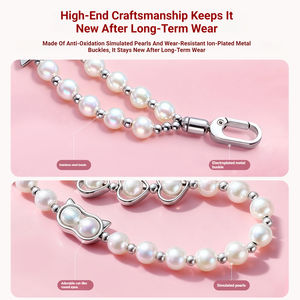 Cuerda colgante para iPhone <span class=keywords><strong>17</strong></span> Pro Max, cadena de perlas para teléfono, llavero antipérdida, cuerda colgante personalizada con diseño de gato para mujer, clip metálico - Product Image 4