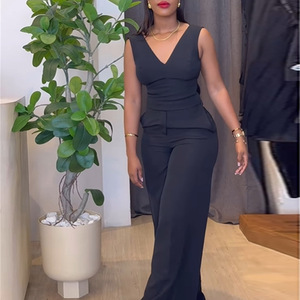 เสื้อผู้หญิงสีพื้นแบบผูกโบว์ด้านหลัง กางเกงขายาวทรงกว้าง ชุดลำลอง 2 ชิ้น แฟชั่น - Product Image 3