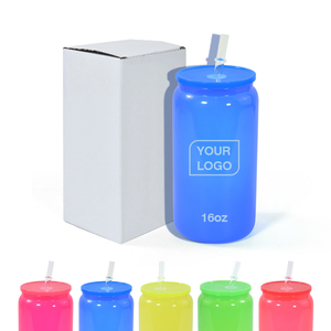 Blank Sublimation Neon Colored 16oz Glass <strong>Can</strong> <strong>Shaped</strong> Drinking Glass With Plastic Lid and Straw - Product Image 4