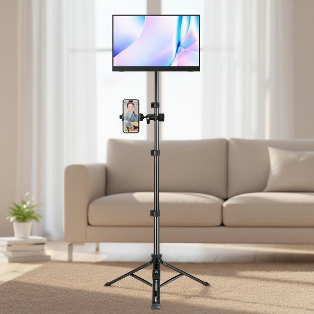 SIBOLAN 1.5M Adjustable Floor Tripod Stand for 15.6" Portable Monitor & Smartphone, Foldable for Live Streaming