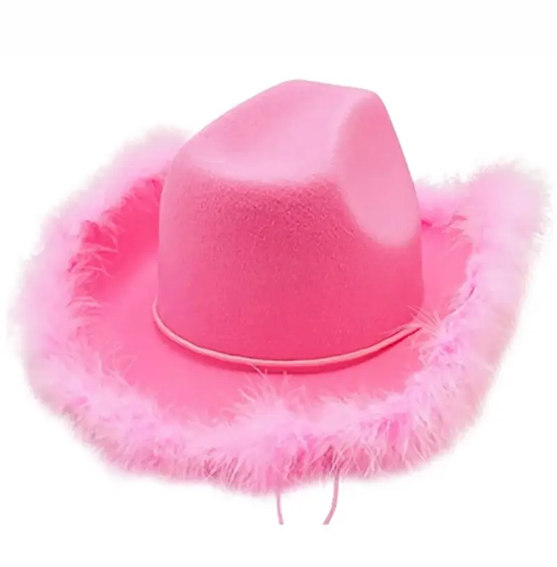 Sombreros de vaquera de estilo occidental rosa para mujer, sombrero Fedora enrollado para niña, sombrero de vaquero de playa con borde de plumas