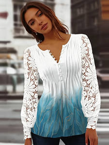 Chemisier Henley à manches longues en dentelle pour femme, grande taille, col en V, blanc à bleu, décontracté, automne-été - Product Image 4