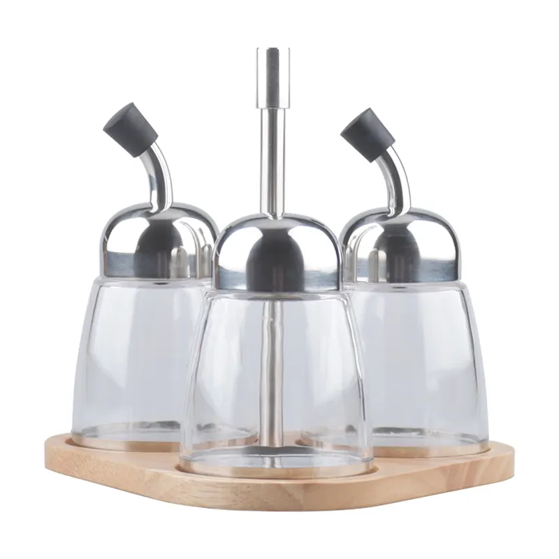 Factory Supplier Oil Sauce Acrylic Bottles Oil Dispenser and Seasoning Shaker Set with Wooden Tray