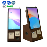 Kiosque de libre-service de comptoir marron avec écran tactile, imprimante thermique, lecteur de paiement NFC et scanner QR