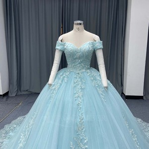 Robe de Quinceañera de maternité bleu clair Lsany287 avec appliques en dentelle, tulle à paillettes argentées, robe de bal, corsage en cœur et ourlet festonné - Product Image 4