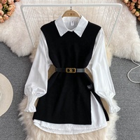 Ensemble Chic d'Automne Blouse Blanche à Manches Longues et Gilet en Maille Ample Réducteur d'Âge, 2 Pièces pour Femme