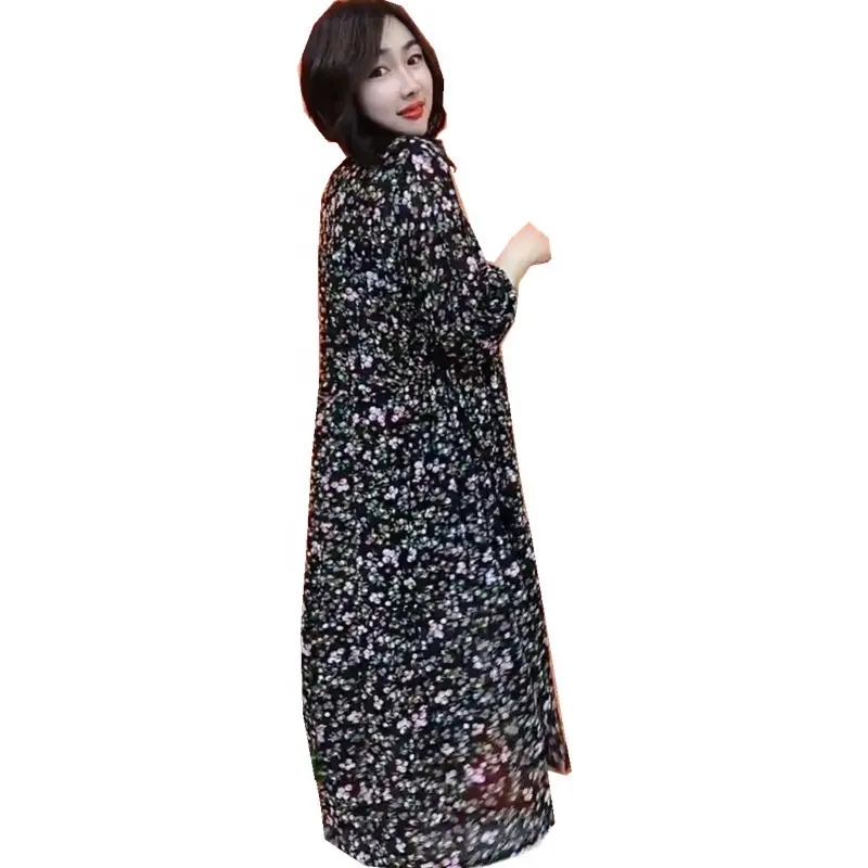Новое корейское модное платье с цветочным принтом с длинным рукавом, тонкая талия <span class=keywords><strong>крошечные</strong></span> Плиссированное длинное платье для девушек с длинным рукавом, одежда для девочек