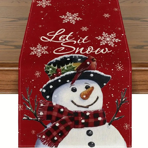 Chemin de table de Noël - Bonhomme de neige, renne, gnome - Festival d'hiver - Lin écologique - 33x183cm - Product Image 1