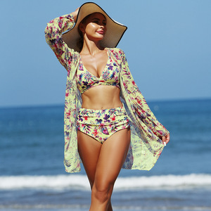 RUIQUWIN Ensemble de bikini 3 pièces personnalisable pour femme grande taille, taille haute, effet push-up, avec logo floral en maille sur le devant, maillot de bain écologique - Product Image 2