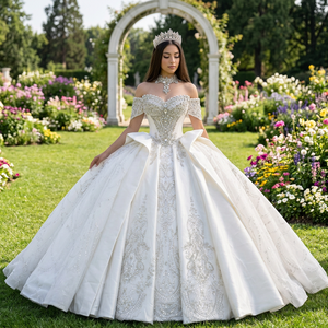 XS276 Vestido de Princesa de Lujo con Cuentas de Cristal, Elegante Vestido de Dama de Honor con Hombros Descubiertos y Flores para Fiesta de Bodas Jancember - Product Image 1