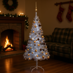 Sapin de Noël artificiel pré-éclairé 59,1 pouces argent et or avec ensemble de boules, lumières LED blanc chaud, arbre à poser pour intérieur - Product Image 2
