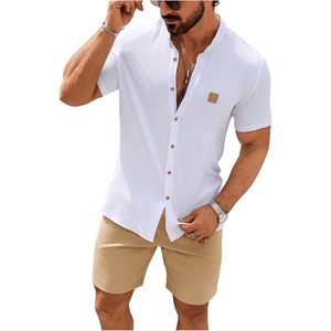 Conjunto de camisa informal con botones y pantalones cortos con cordón para hombre, conjunto de 2 piezas de verano, transpirable, de algodón tejido - Product Image 5