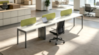 Mobilier de bureau contemporain, bureau modulaire pour le personnel, poste de travail en open space avec système de cloisonnement en tissu