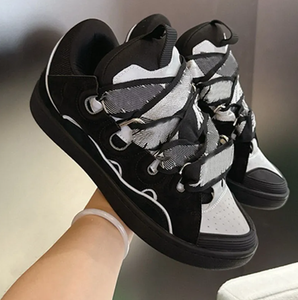 Classic CURB Series <b>Sneakers</b> Womens Mens Top <b>Leather</b> Casual Shoes Unique Woven Wavy Shoelaces <b>Sneakers</b> - Product Image 2