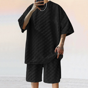 2024 hommes é<span class=keywords><strong>t</strong></span>é nouveau Jacquard à carreaux à manches courtes <span class=keywords><strong>T</strong></span>-<span class=keywords><strong>shirt</strong></span> ample grand Tube droit décontracté pantalon court ensemble de shorts - Product Image 2