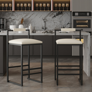 Set di 2 sgabelli da bar in ecopelle imbottiti, con struttura moderna in metallo, altezza bancone, sedie per isola cucina, beige - Product Image 1