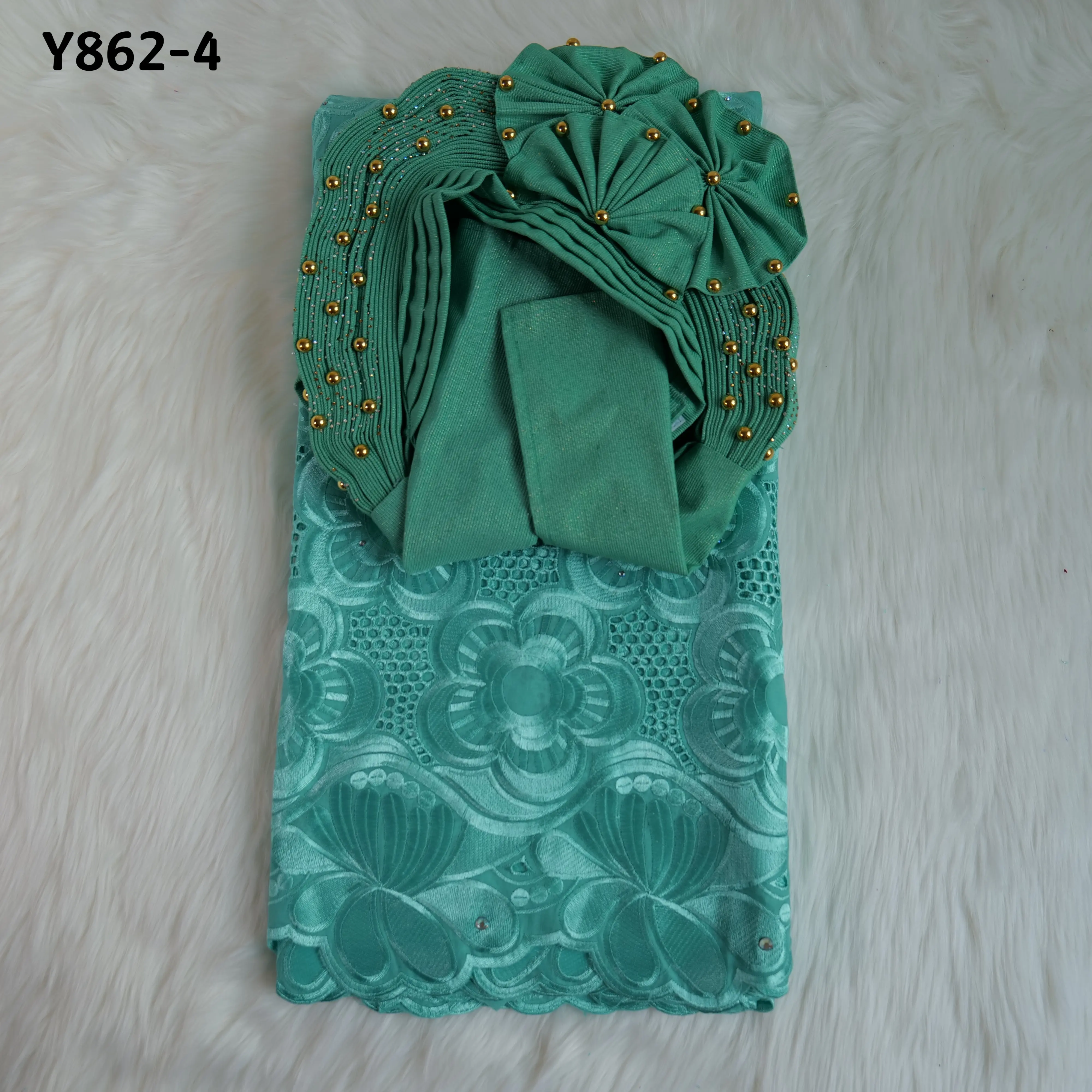 Factory custom 100% mercerized cotton yarn lace 5 yards fabric with auto gele free shiping cotton lace with scarf lace set