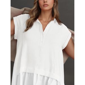 Robe courte d'été pour femmes, manches courtes, col en V, style décontracté, 100% coton, style patchwork - Product Image 4