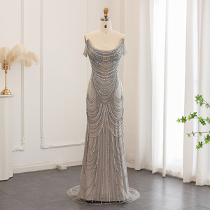 Abito da Sera di Lusso Sharon Said SS403 con Paillettes, Cristalli Grigio Argento, Stile Sirena, Naturale, <span class=keywords><strong>per</strong></span> Matrimoni a Dubai, Lungo, <span class=keywords><strong>per</strong></span> Ragazze e Cerimonie di <span class=keywords><strong>Laurea</strong></span> - Product Image 2