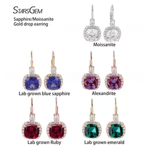 China wholesale Starsgem cushion shape luxury engagement 10k 14K gold sapphire ruby emerald and moissanite drop earring