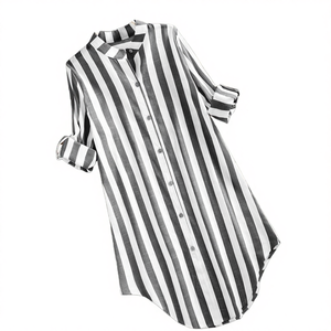 Camisa casual de mujer de punto lisa teñida estilo largo a rayas para primavera y otoño, blusa de manga suelta con solapa y botones - Product Image 4