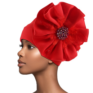 New Arrived Fashion Big Flower Design Solid <strong>Color</strong> Feather Pearl <strong>Turban</strong> Hat for Women Girl Mother's Day Gift Women's Headscarf