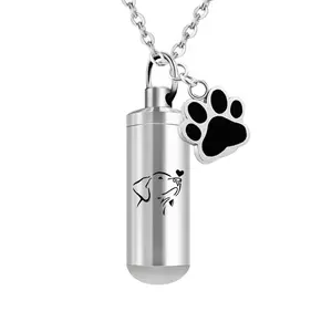 Stainless Steel Paws Print Cylinder Cremation Urn Funeral Jewelry Ashes For Dog Memorial Necklace Pendant