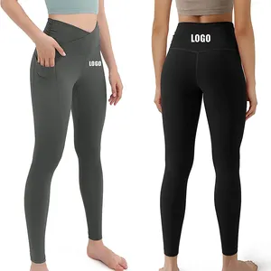 Leggings da Yoga a vita incrociata da donna con tasca sport palestra allenamento pantaloni da corsa cucitura Plus Size 3XL pantaloni da Yoga elasticizzati a 4 vie