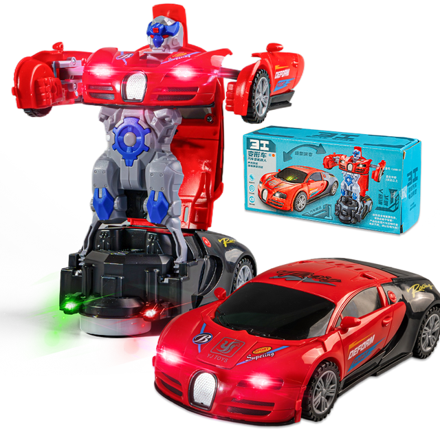 New Electric One Key Deformation Robot Vehicle Wholesale Children Educational Transforming Robot Car Toys with Lights and Music