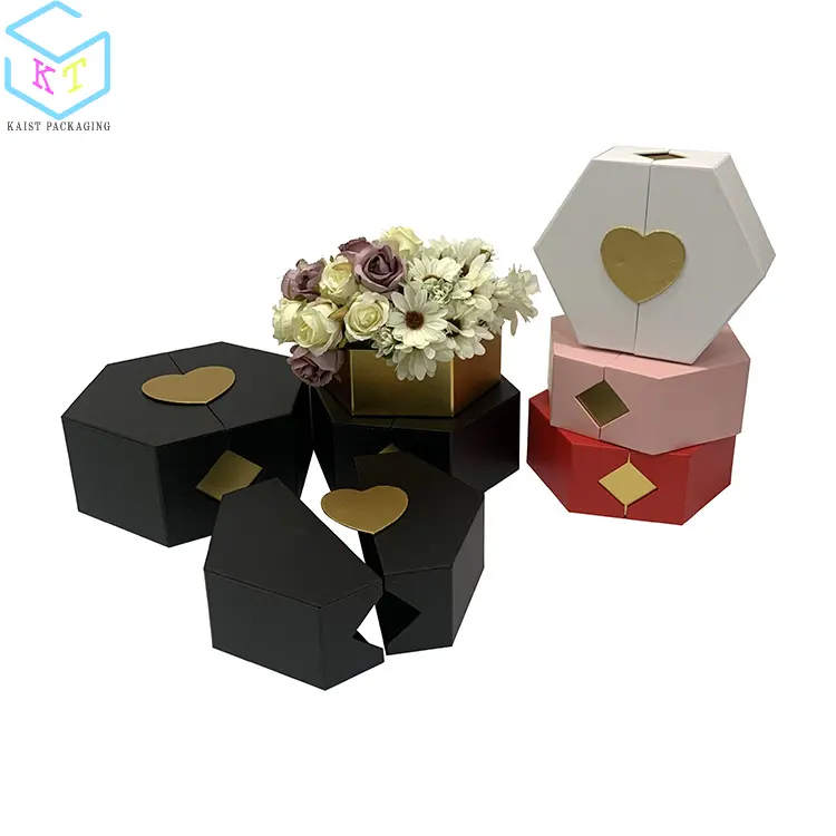 Local hexagonal aberto dupla alta qualidade dia dos namorados flores caixa de presente embalagem dia da mãe com mão