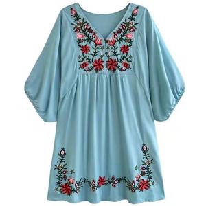 Mujeres Casual Plain Cantidad Primavera Verano Algodón Floral Bordado Mexicano Festival Túnica Blusa Vestidos de cintura alta <span class=keywords><strong>Ropa</strong></span> - Product Image 2