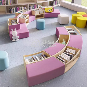 Bibliothèque de bibliothèque pour enfants en contreplaqué Moetry Curve Out avec banc d'assise souple pour la salle de lecture de l'école maternelle - Product Image 6