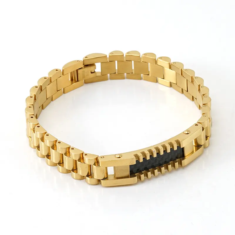 Pulsera de reloj de acero inoxidable personalizada al por mayor, pulseras chapadas en oro de 18 quilates para mujeres y hombres, joyería Punk Vintage