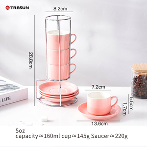Pink Mother's day Gift set Ceramic <b>Espresso</b> <b>Cups</b> Saucers 5 oz Stackable Cappuccino <b>Cups</b> with Rack Stand for Coffee Latte Tea - Product Image 2