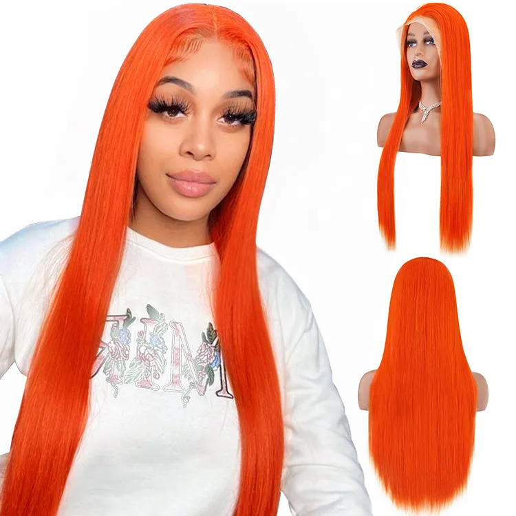 Brazilian Virgin Human Hair Pre Plucked Bleached Knots Colored Real Indian Remi Human Hair Orange Red Lace Front Wig