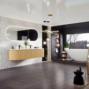 وحدة موبيليا عائمة من الخشب الصلب بتصميم عصري من Evereco للتخزين في الحمام، معلقة على الحائط مع سطح رخامي وحوض سيراميك وتصميم مقاوم للماء - Product Image 3