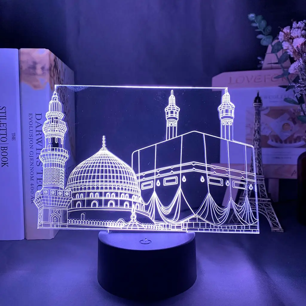 Muslim Mosque 3D Night Lighting Decoration Led Lamp Base The Koran Rgb Changing Acrylic Led Night Light Cool Ramadan Gift